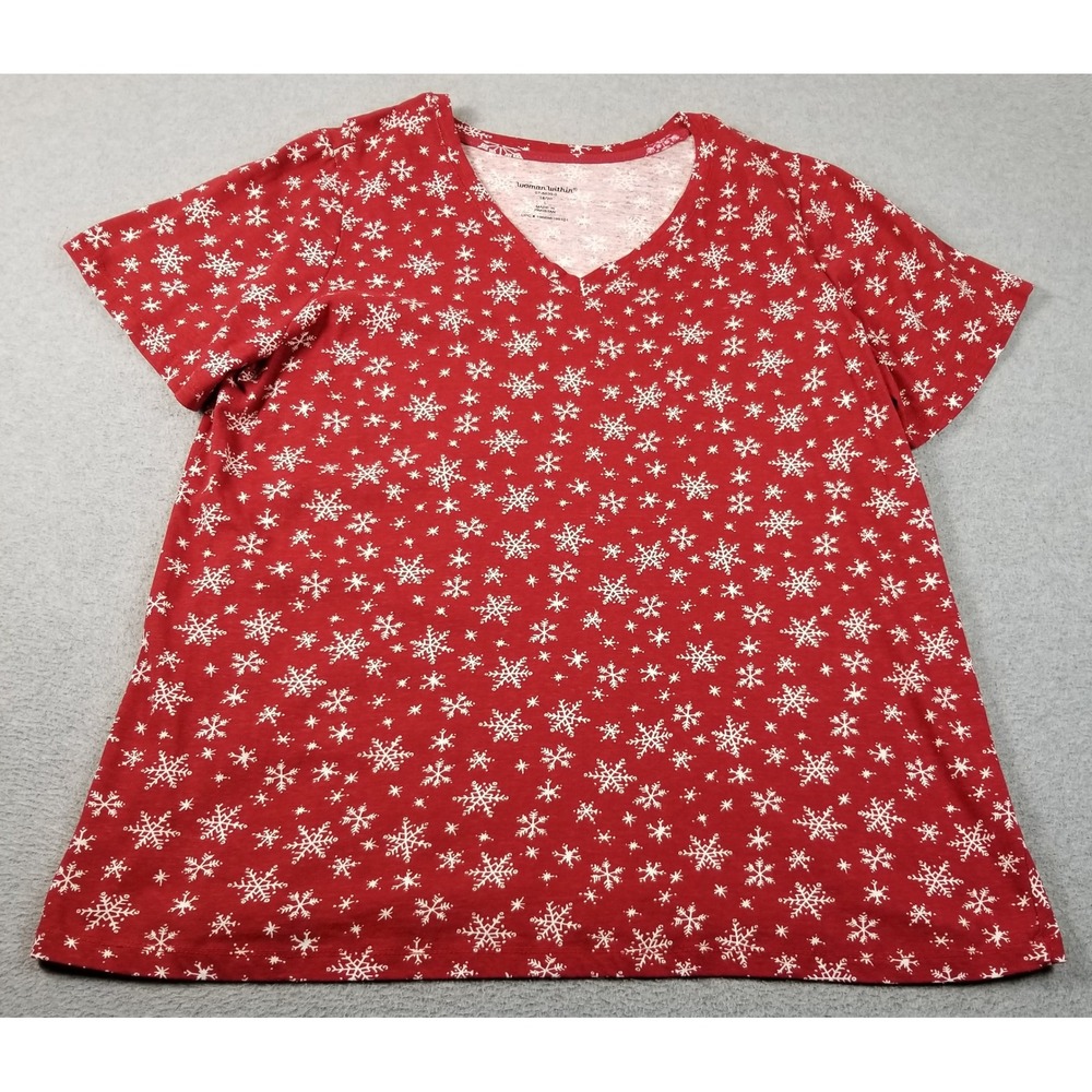 Woman‎ Within T-Shirt Women's Large L Red Snowflake Christmas Holiday Cotton Tee